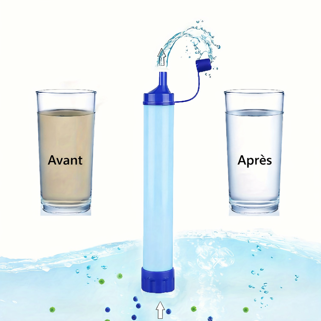 Kit de survie avec filtre à eau portable. Léger, pratique et vital pour obtenir de l’eau potable partout, en urgence ou en pleine nature.