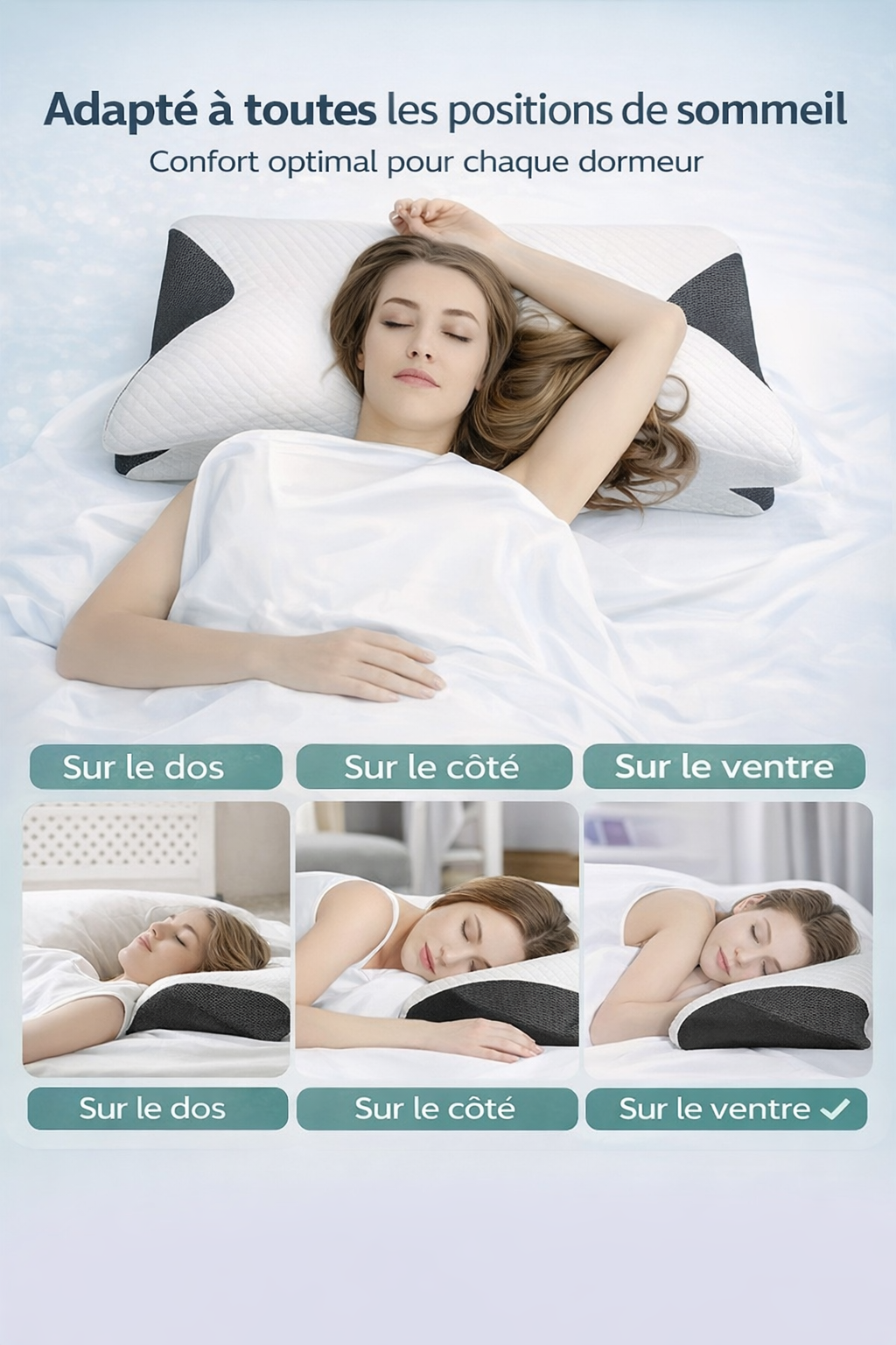 Oreiller anti-ronflement ergonomique en mousse à mémoire de forme, soulage les cervicales, améliore la respiration et favorise un sommeil profond.