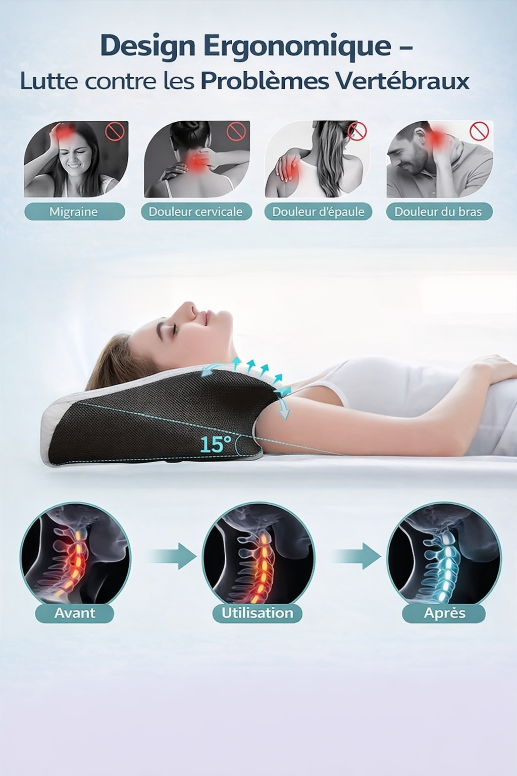 Oreiller anti-ronflement ergonomique en mousse à mémoire de forme, soulage les cervicales, améliore la respiration et favorise un sommeil profond.