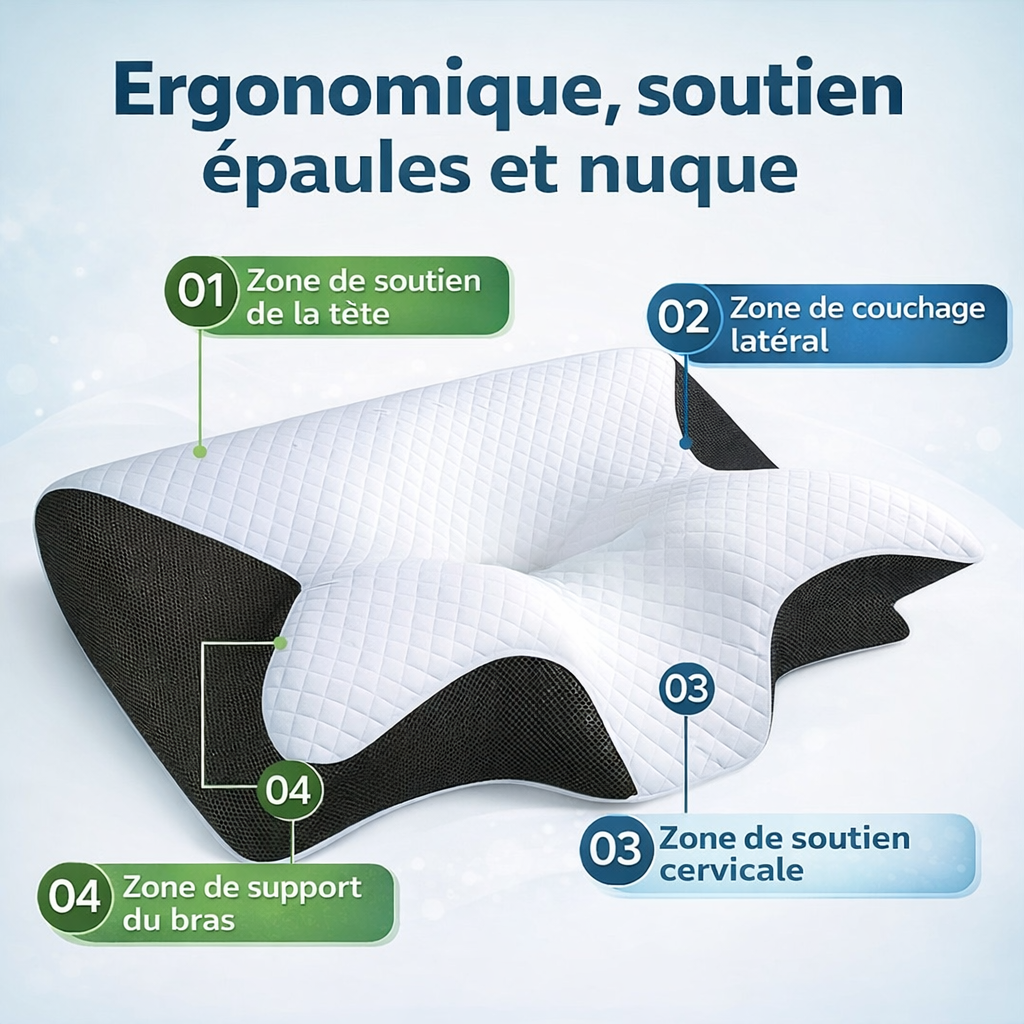 Oreiller anti-ronflement ergonomique en mousse à mémoire de forme, soulage les cervicales, améliore la respiration et favorise un sommeil profond.