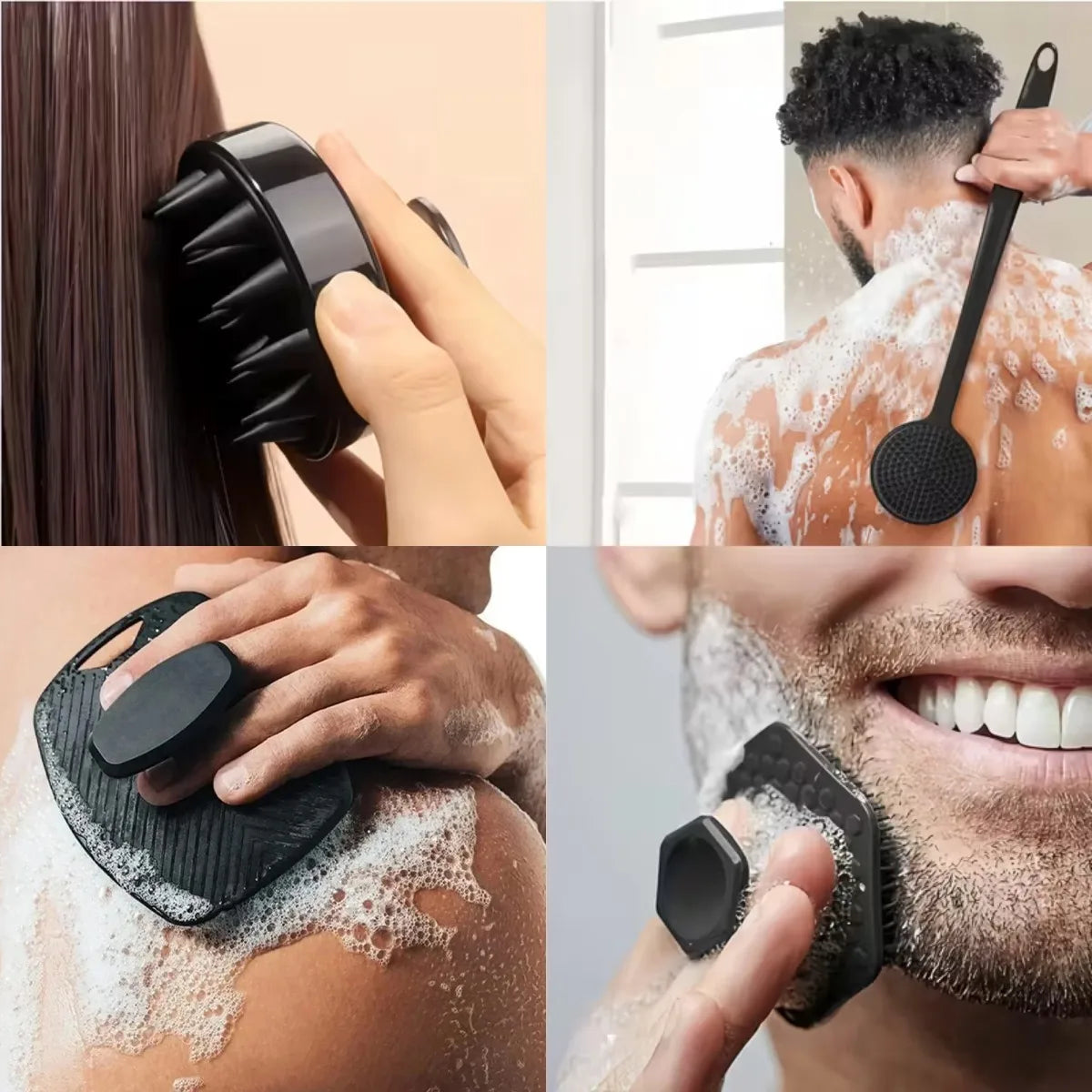 Brosse de douche en silicone douce pour le corps, le visage et les cheveux, exfoliante et adaptée aux peaux sensibles.