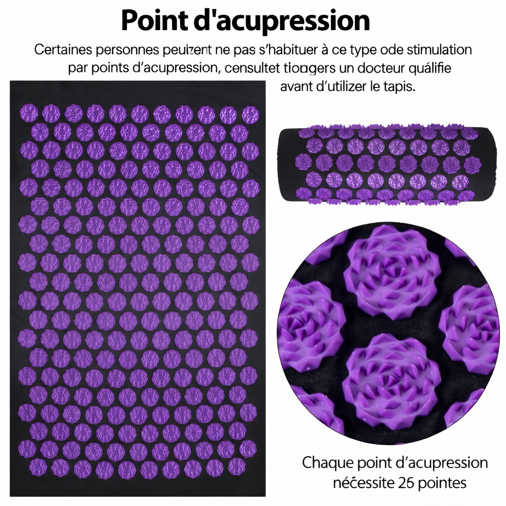 Tapis d’acupression avec oreiller pour soulager les tensions et favoriser la relaxation.